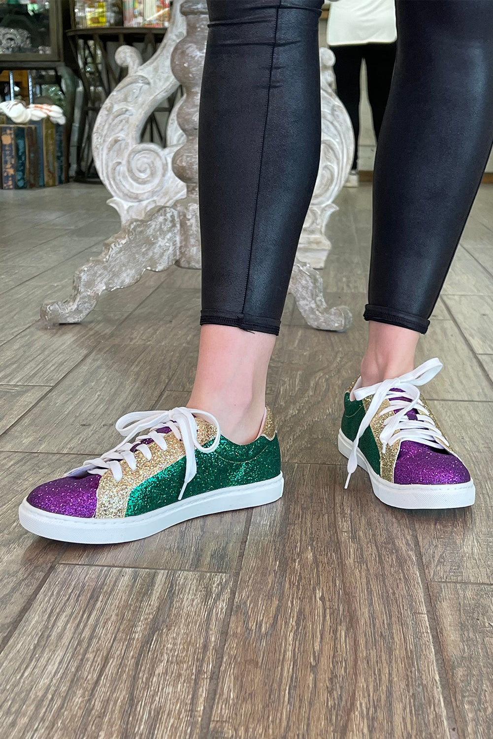 Blackish Green Mardi Gras Glitter Colorblock Lace up Flat Shoes