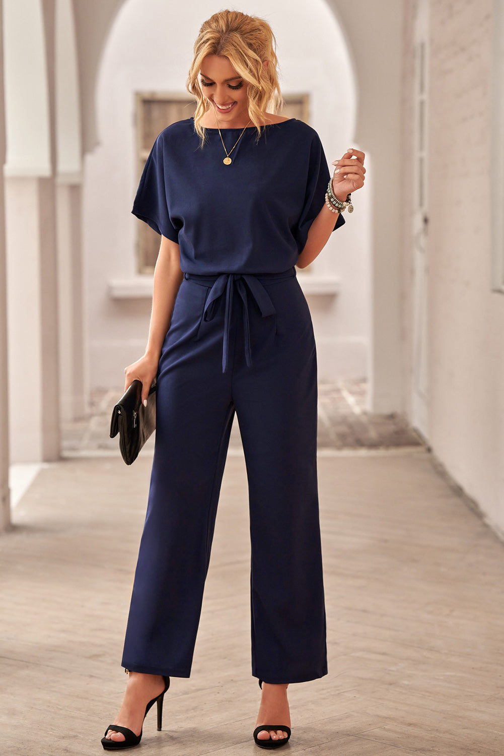 Dark Blue Solid Color Casual Belted Wide Leg Jumpsuit