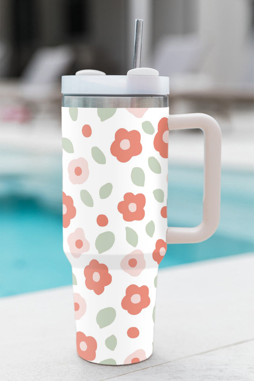 White Floral Print Stainless Large Portable Cup 1200ml