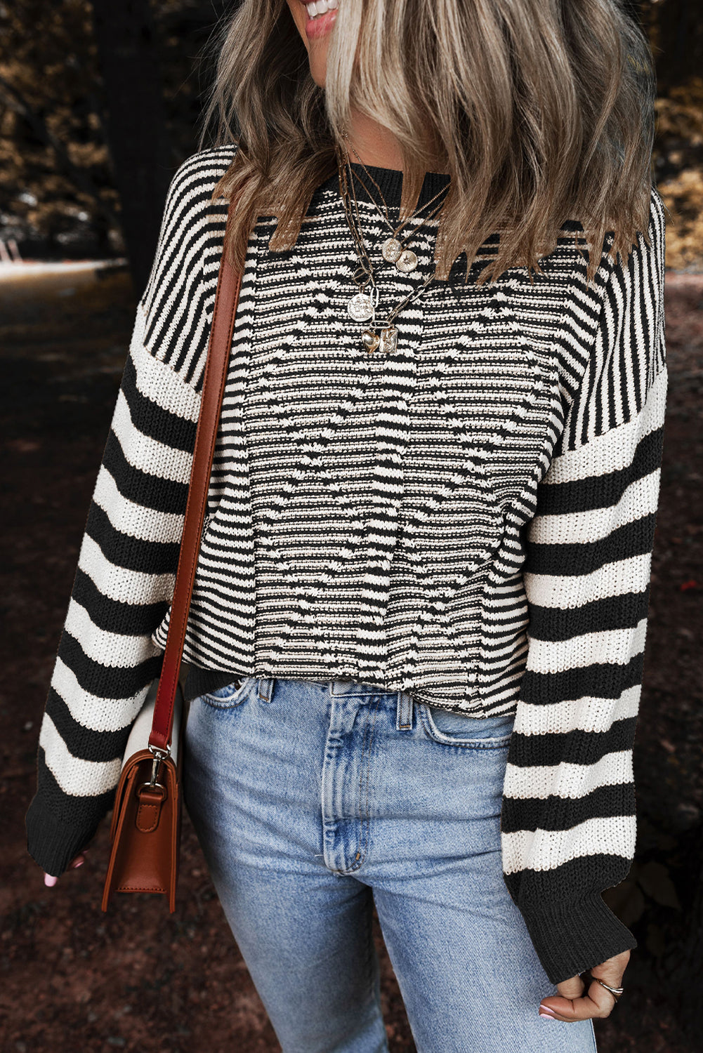 Gray Stripe Twisted Knitted Drop Shoulder Sweater