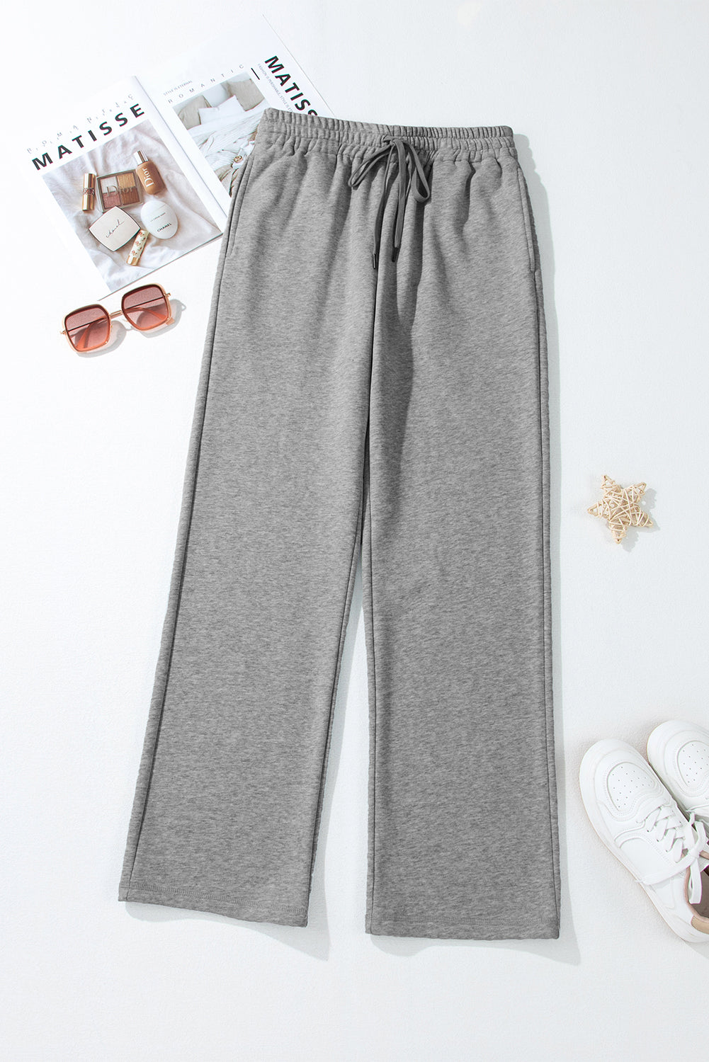 Light Grey Plain Fleece Lined Drawstring Waist Pants