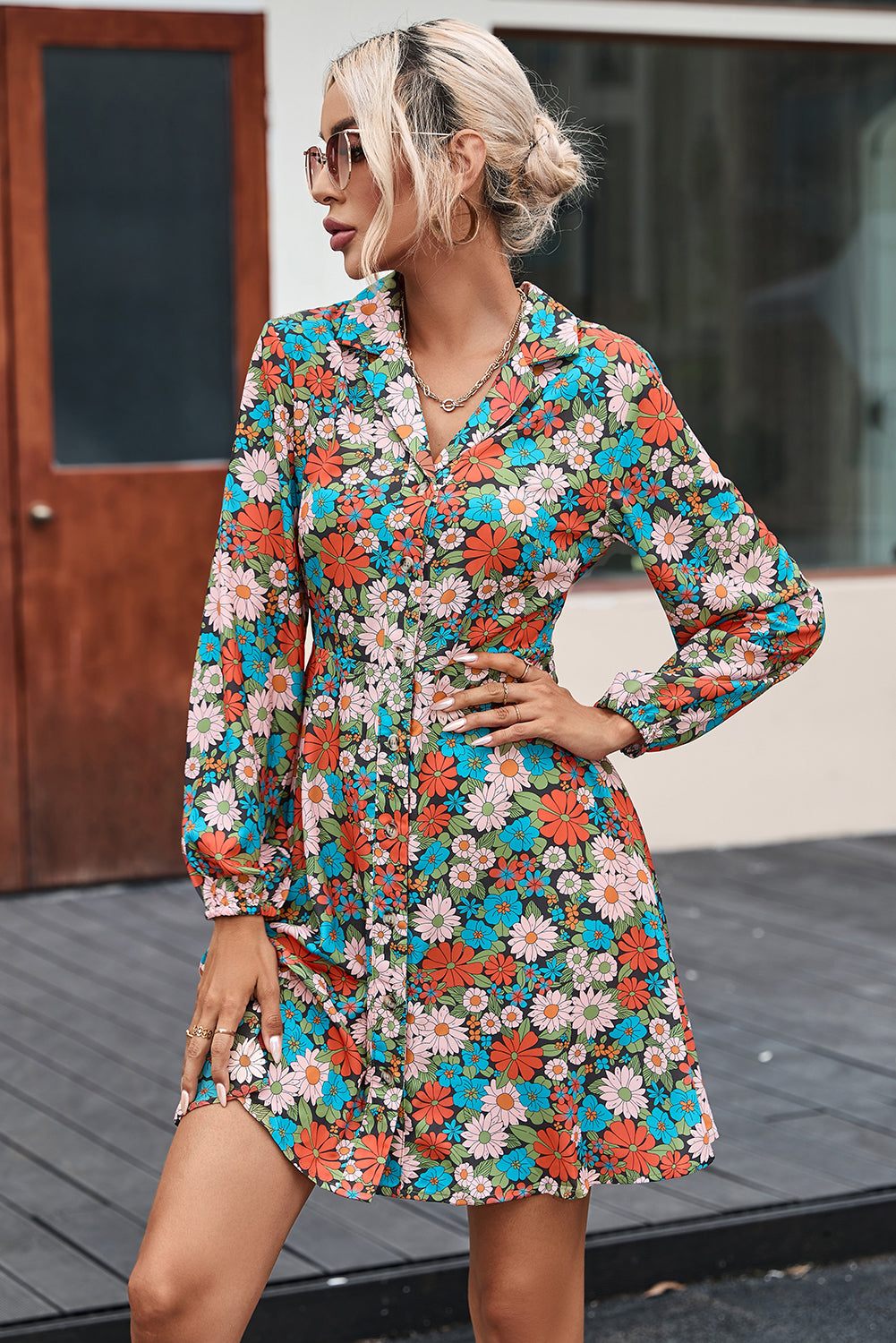 Multicolour Vibrant Floral Print Lapel Collar Button Closure Shirt Dress