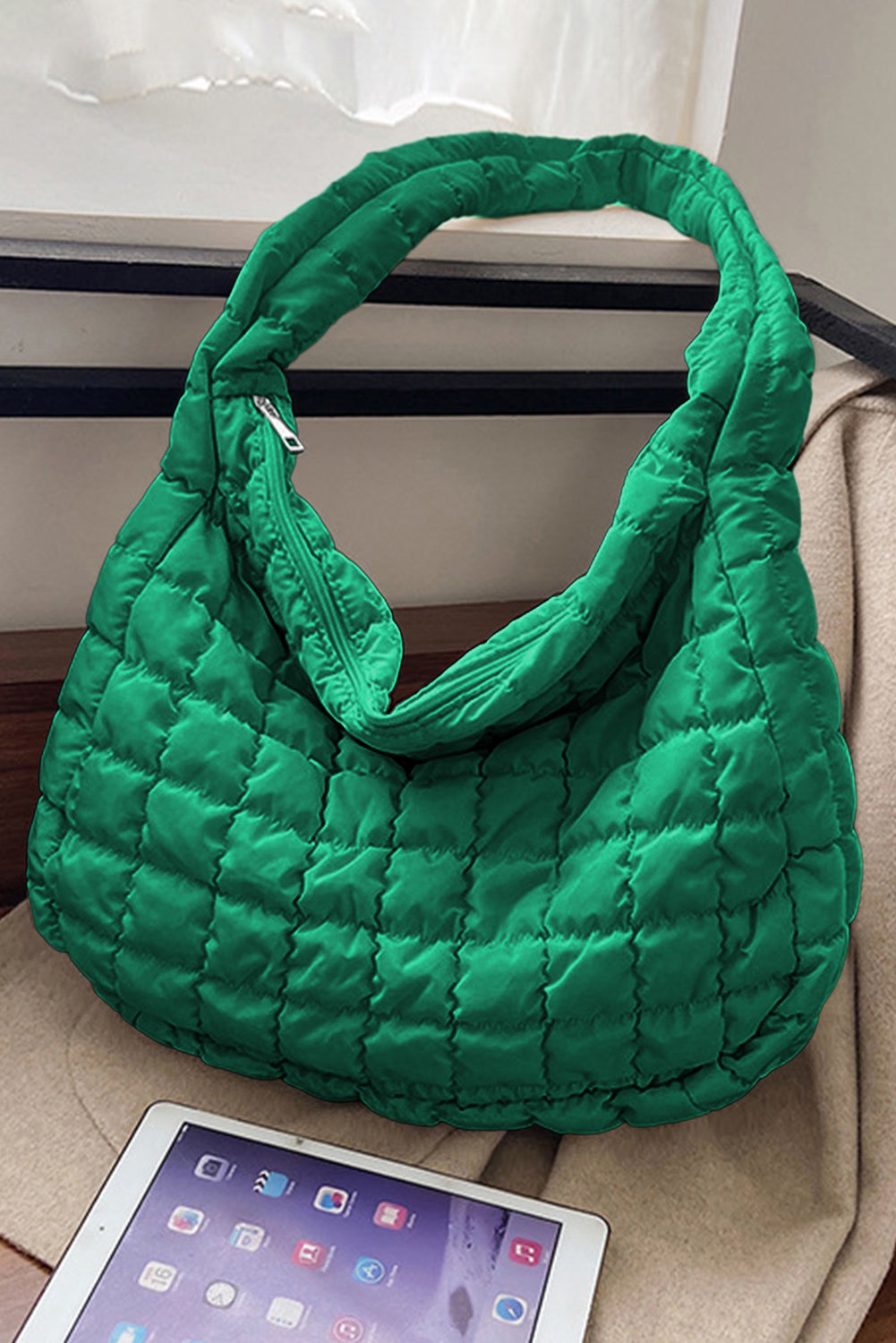 Dark Green Quilted Zipper Large Shoulder Bag