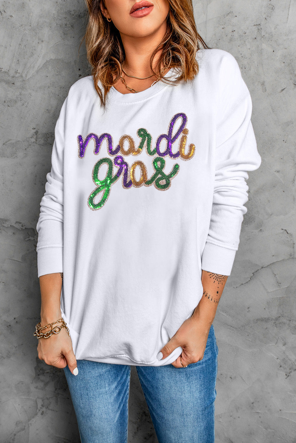 White Sequin mardi gras Graphic Crewneck Pullover Sweatshirt