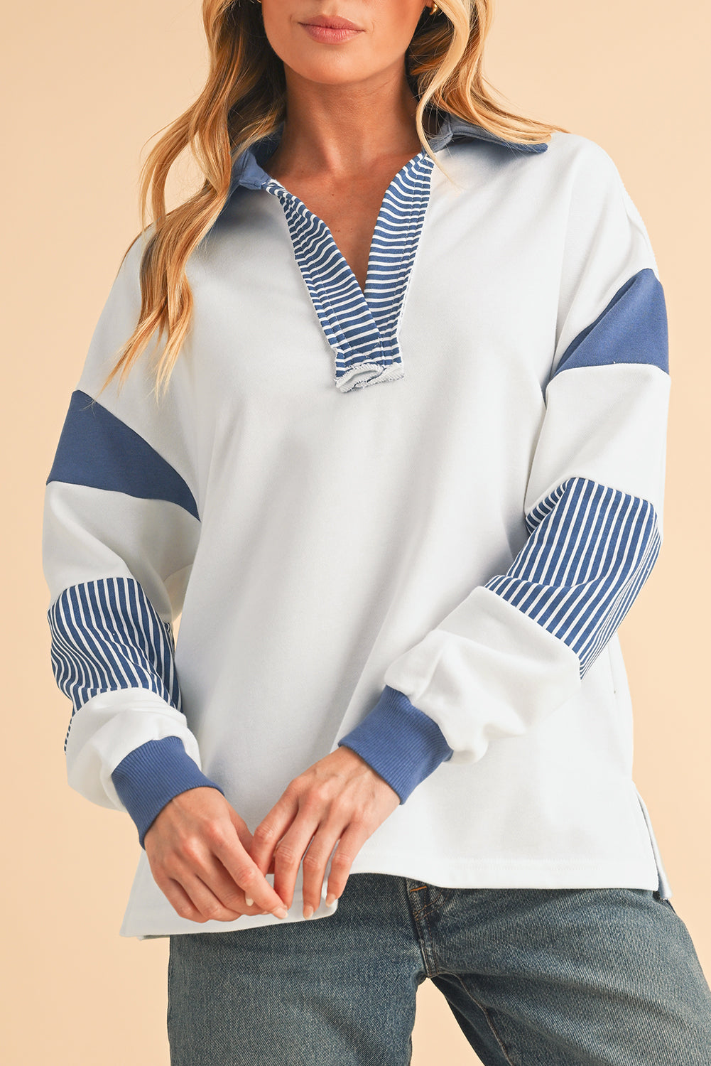 Dark Blue Striped Patchwork Collar Sweatshirt