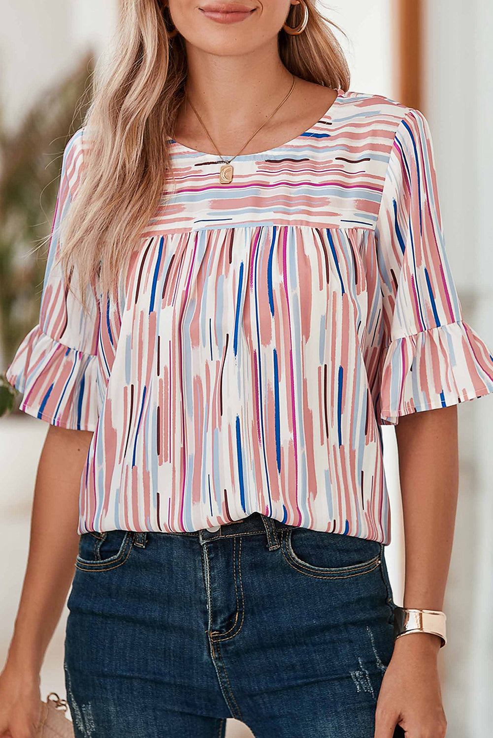 White Colorblock Striped Ruffle Half Sleeve Blouse