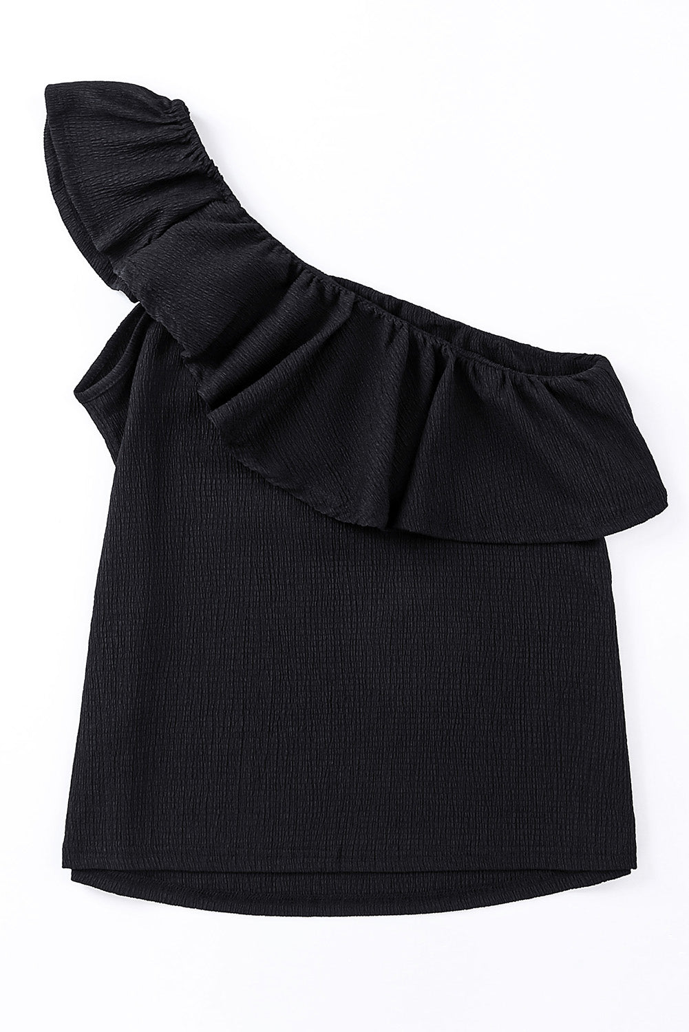 Black Textured Ruffle Trim Sleeveless One Shoulder Top