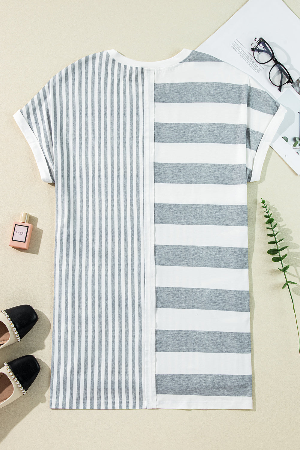 Gray Stripe Mixed Printed Short Sleeve Shift Mini T Shirt Dress