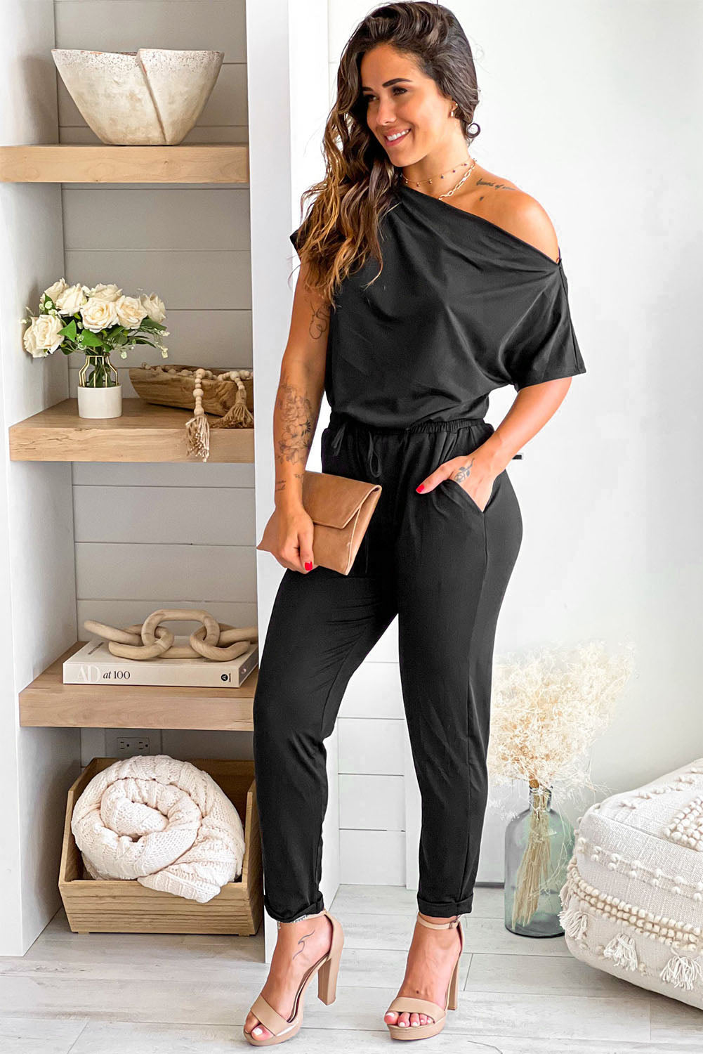 Black Tie Waist Off Shoulder Short Sleeve Tapered Jumpsuit