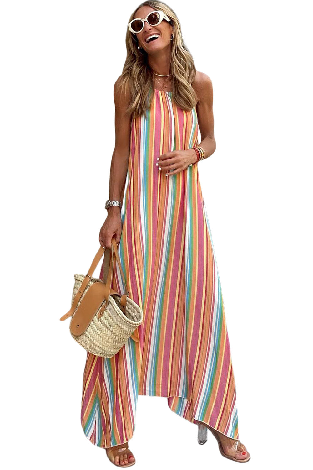 Bohemian Striped Print Colorblock Sleeveless Maxi Dress