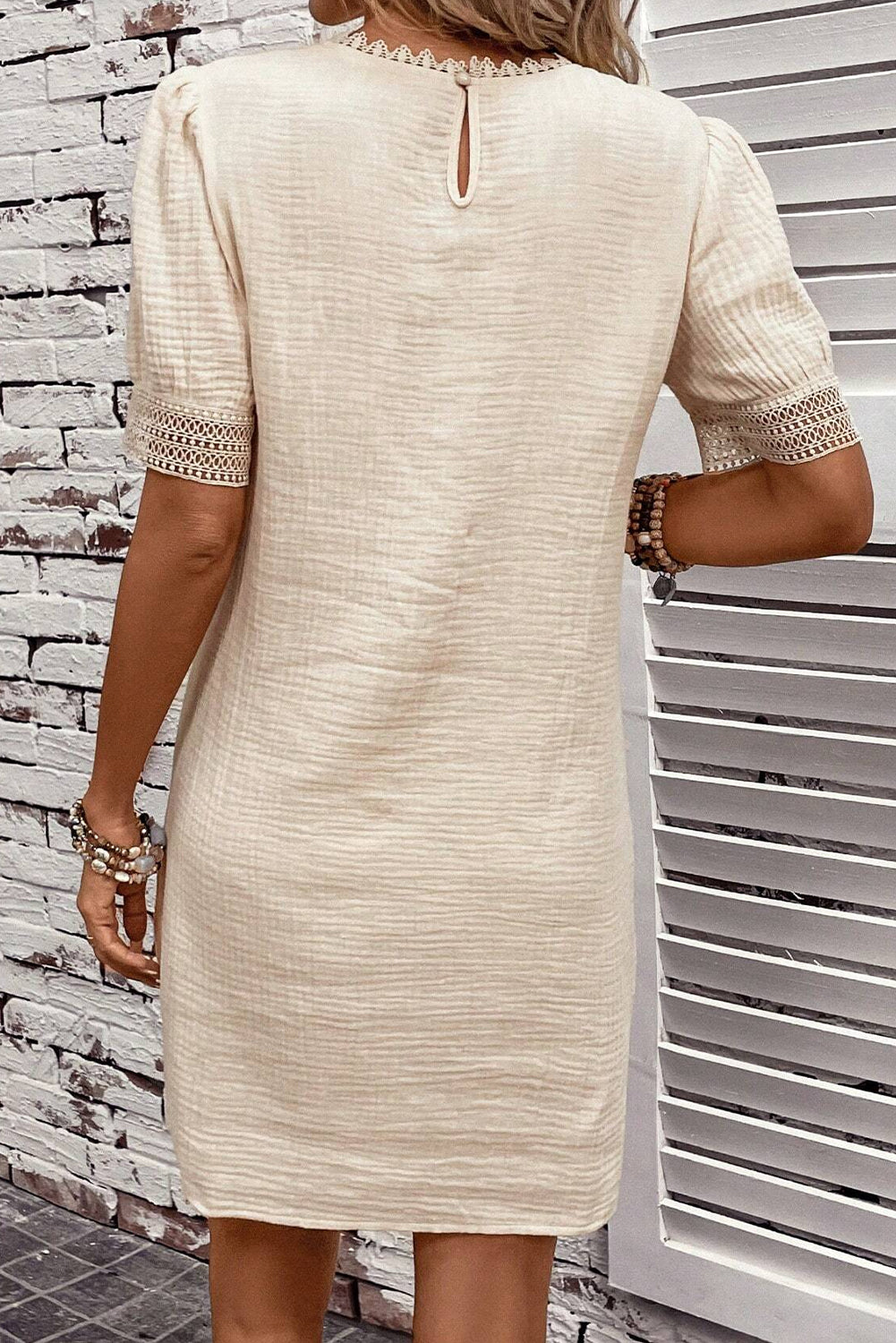 Beige Crinkled Lace Trim Splicing Puff Sleeve Mini Dress