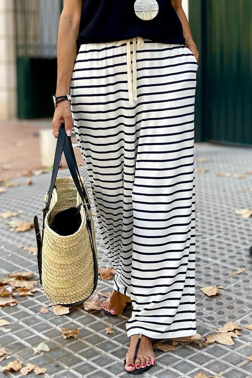 White Striped Casual Drawstring Wide Leg Pants with Pockets