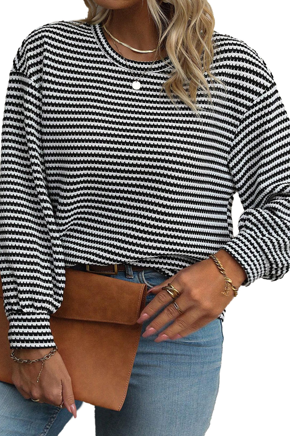 Black Striped Drop Shoulder Knit Plus Size Top