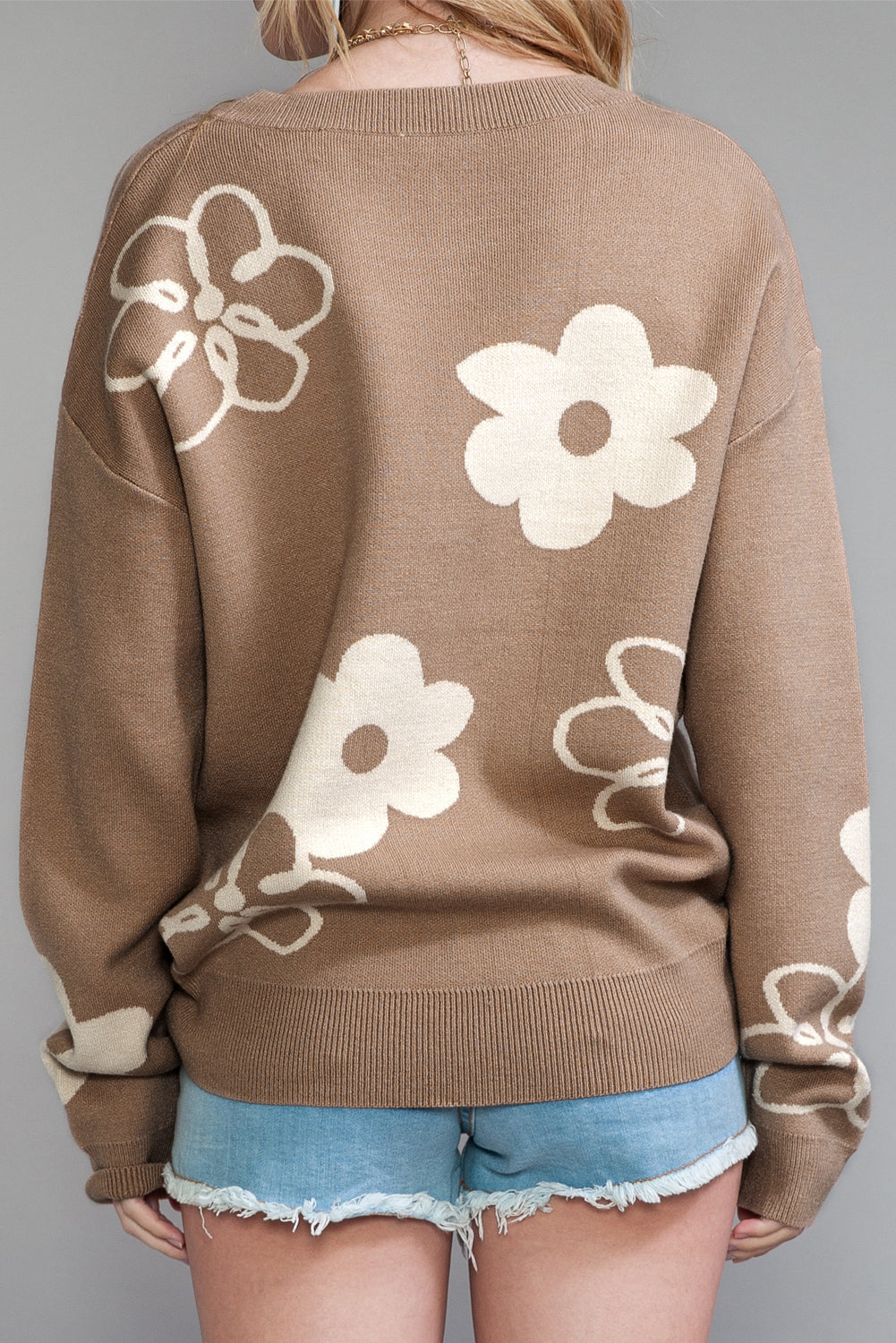 Camel Floral Print Ribbed Contrast Sweater