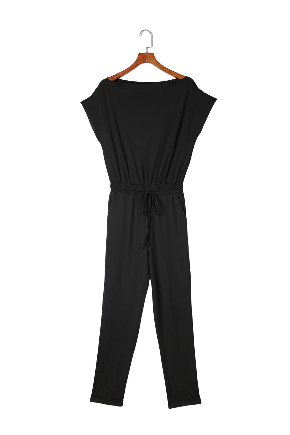 Black Tie Waist Off Shoulder Short Sleeve Tapered Jumpsuit