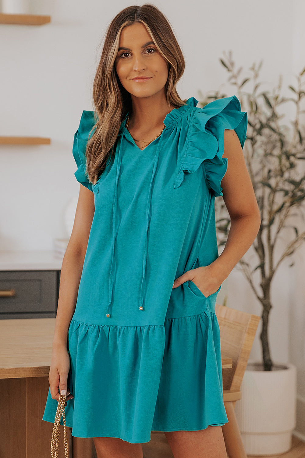 Green Tiered Ruffled Drawstring V Neck Short Dress With Pockets