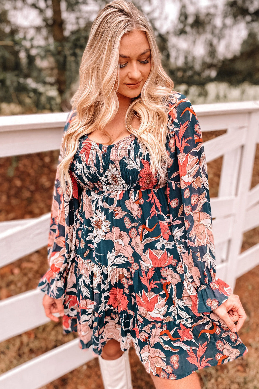 Dark Blue Floral Smocked Tiered Ruffle Puff Sleeve Short Dress