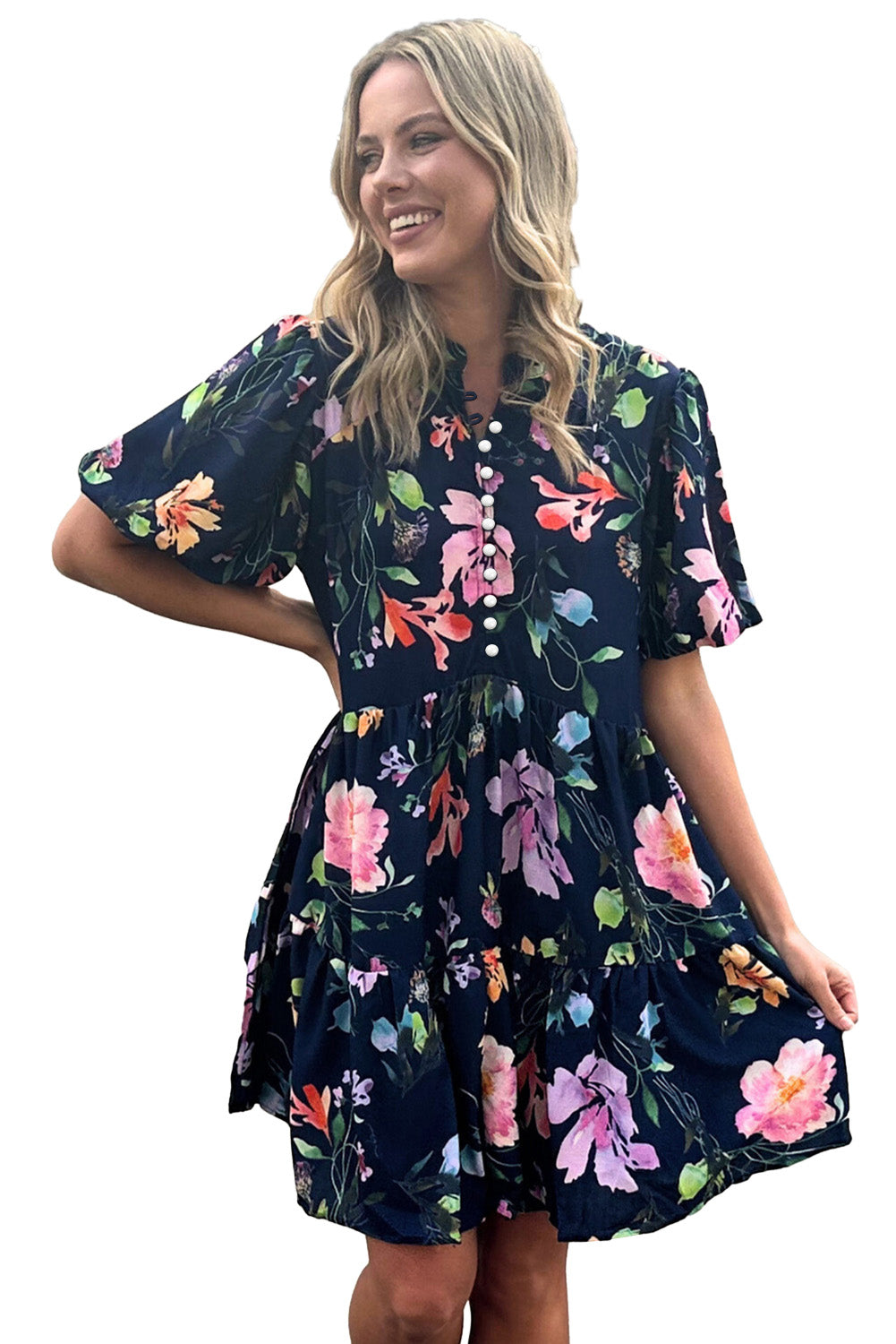 Black Floral Bubble Sleeve Button Mandarin Collar Dress