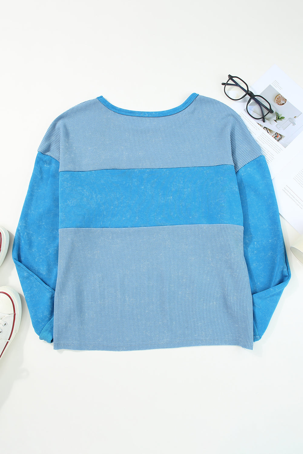 Sky Blue Plus Size Waffle Knit and Washed Patchwork Drop Shoulder Top