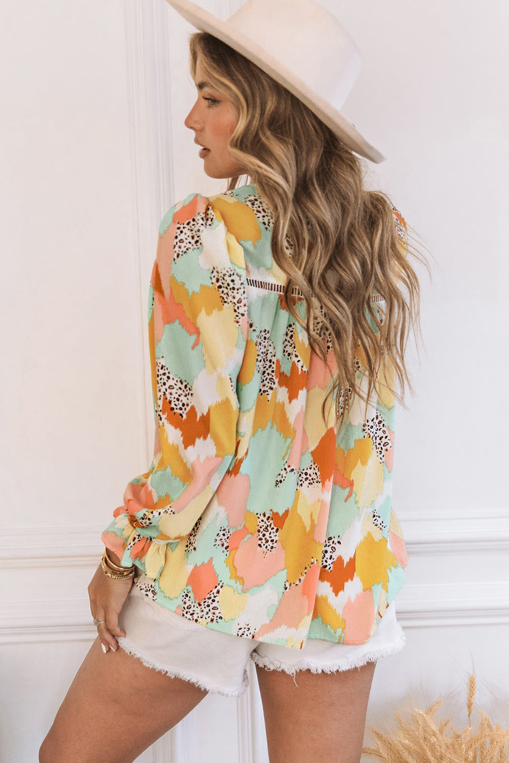 Multicolor Abstract Bohemian Puff Sleeve Blouse