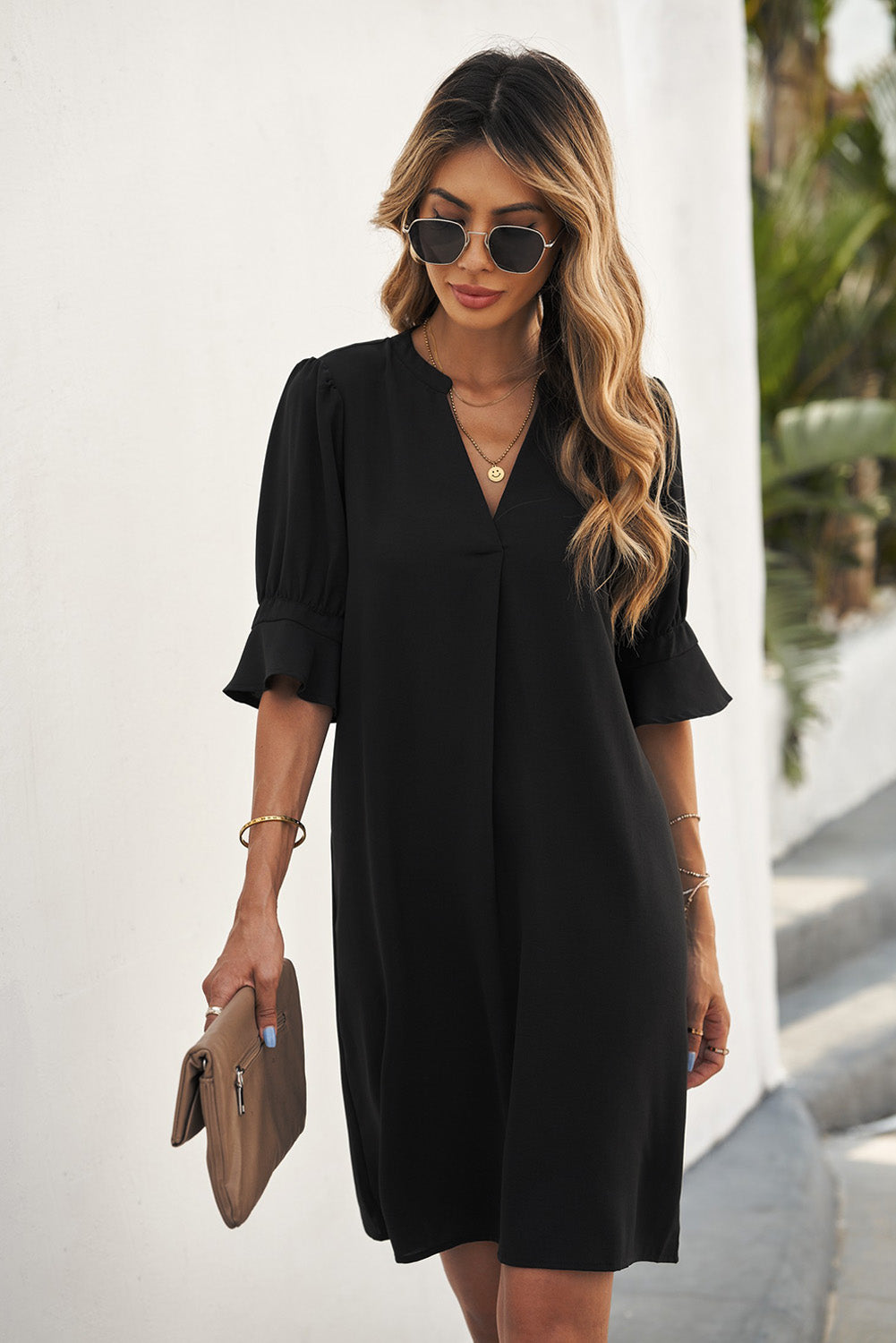 Black Split V Neck Short Sleeve Casual Tunic Dress