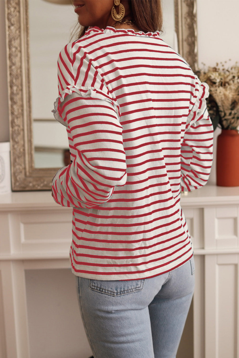 Black Striped Snap Button Casual Long Sleeve Henley Shirt