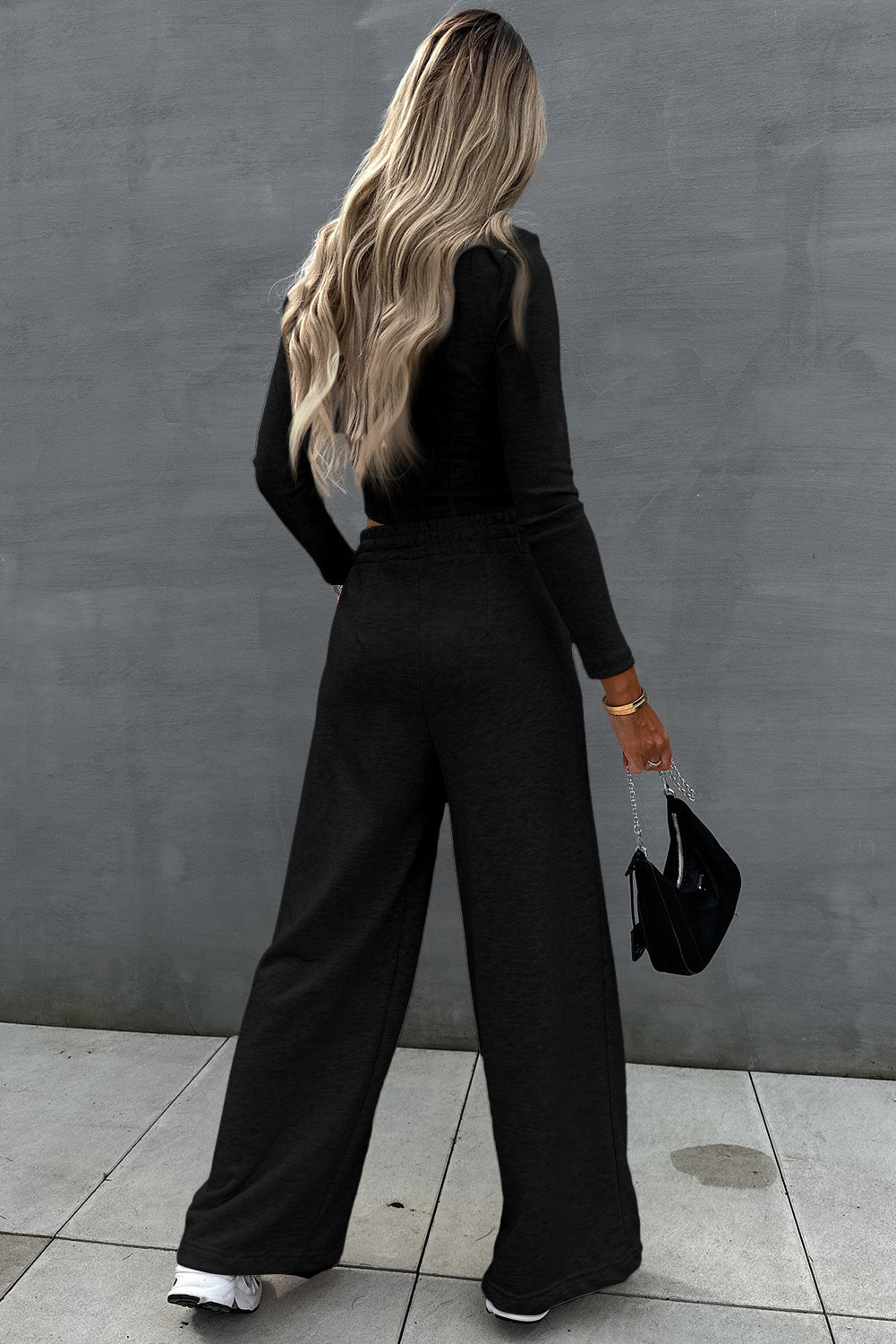 Black Long Sleeve Crop Top And Wide Leg Pants Set