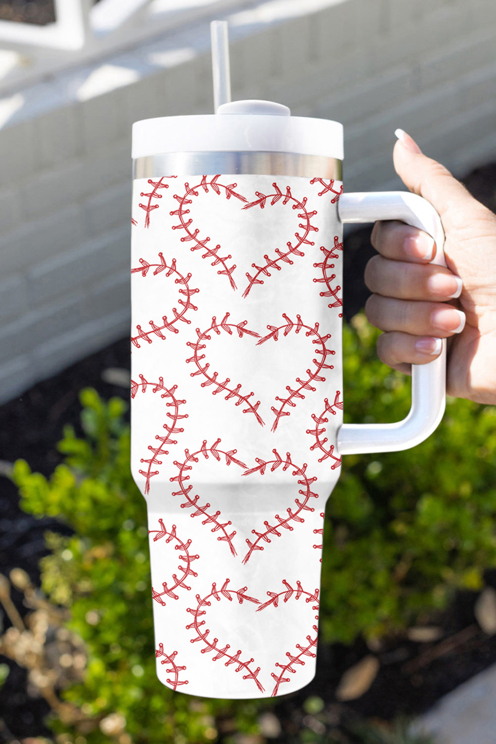 White Heart Baseball Print Stainless Thermos Cup with Handle