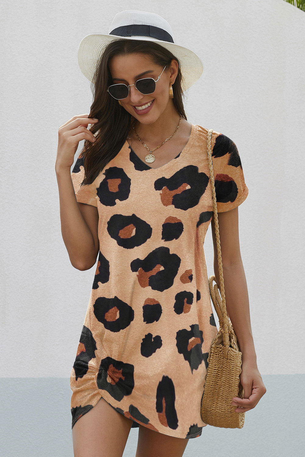 Casual V Neck Twist Hem Short Sleeve Leopard Print Dress