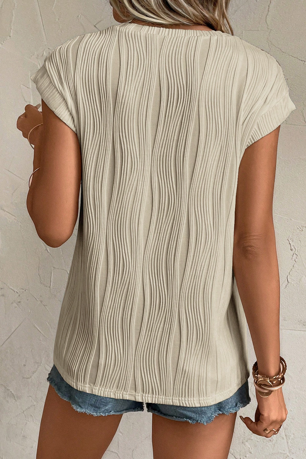 Pink Solid Color Wavy Textured Cap Sleeve Top