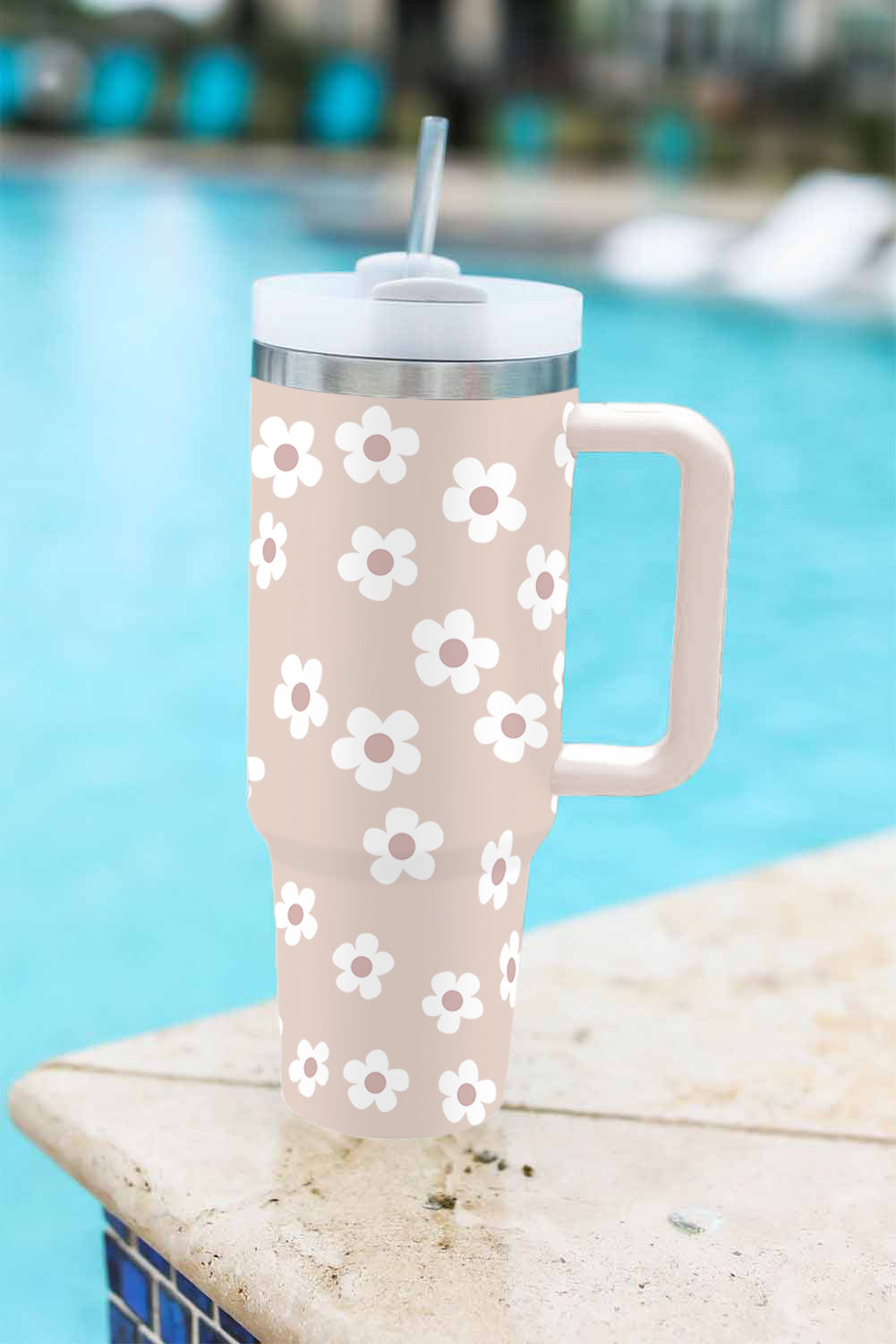 Black Floret Print Stainless Tumbler With Lid And Straw