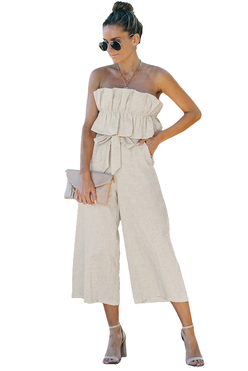 Beige Elegant Ruffled Strapless Wide Leg Jumpsuit