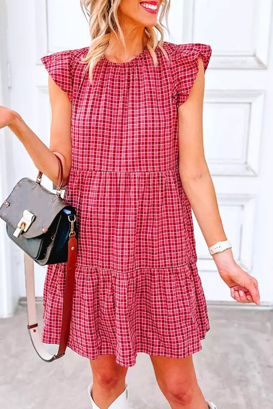 Red Clay Plaid Flutter Sleeve Tiered Mini Dress