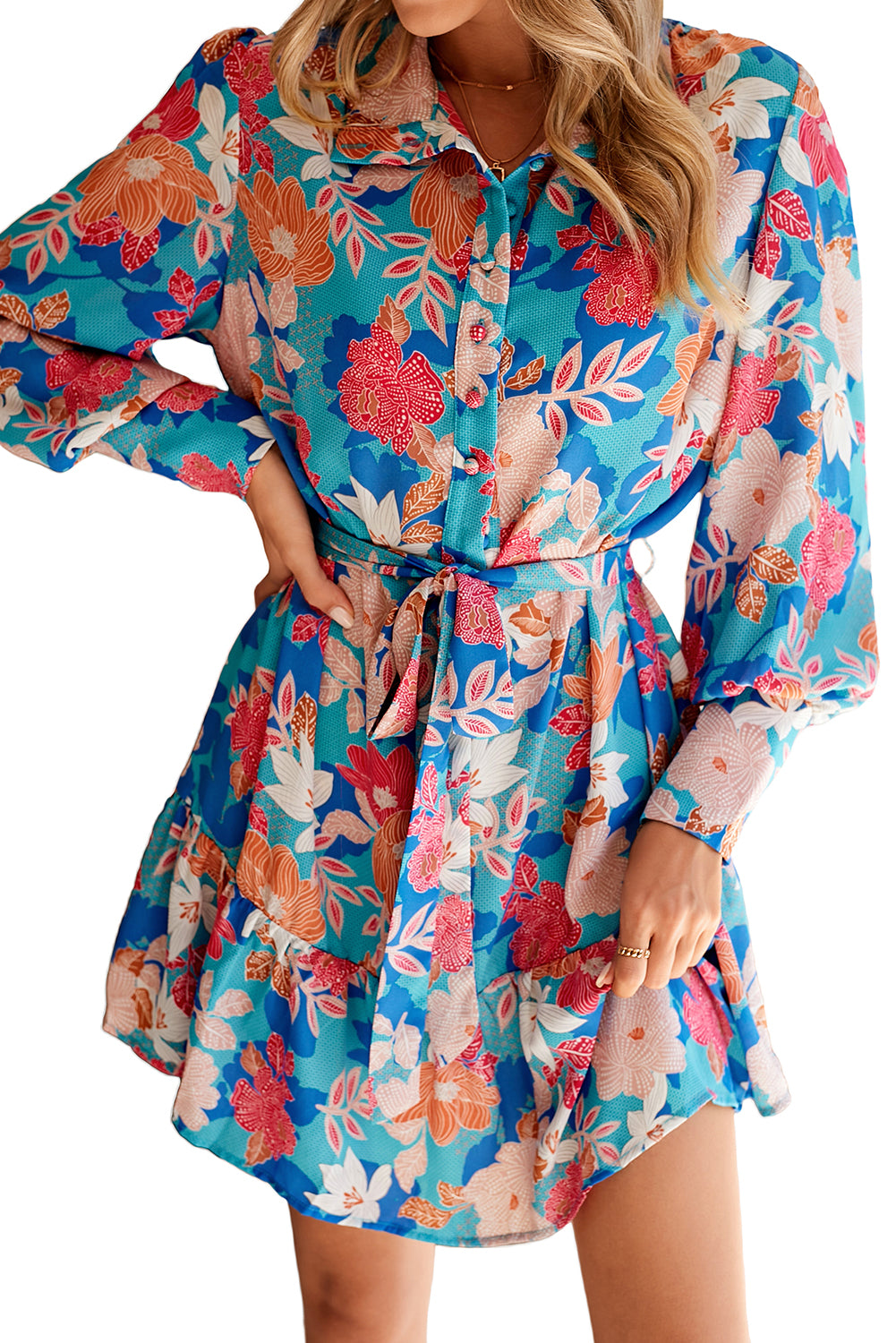 Dark Blue Boho Floral Print Lantern Sleeve Belted Mini Dress