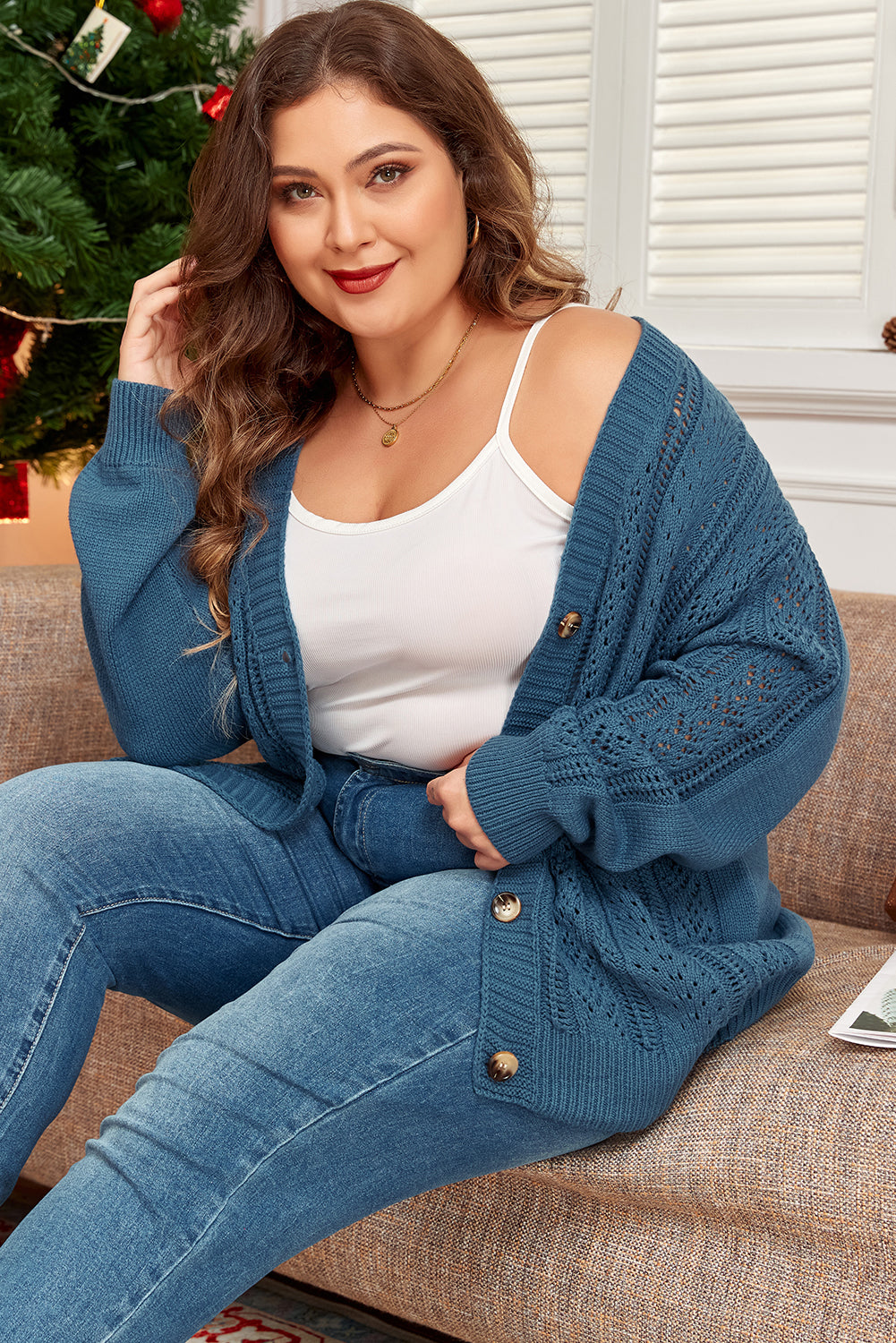 Real Teal Hollow Knit V Neck Button Front Plus Size Cardigan