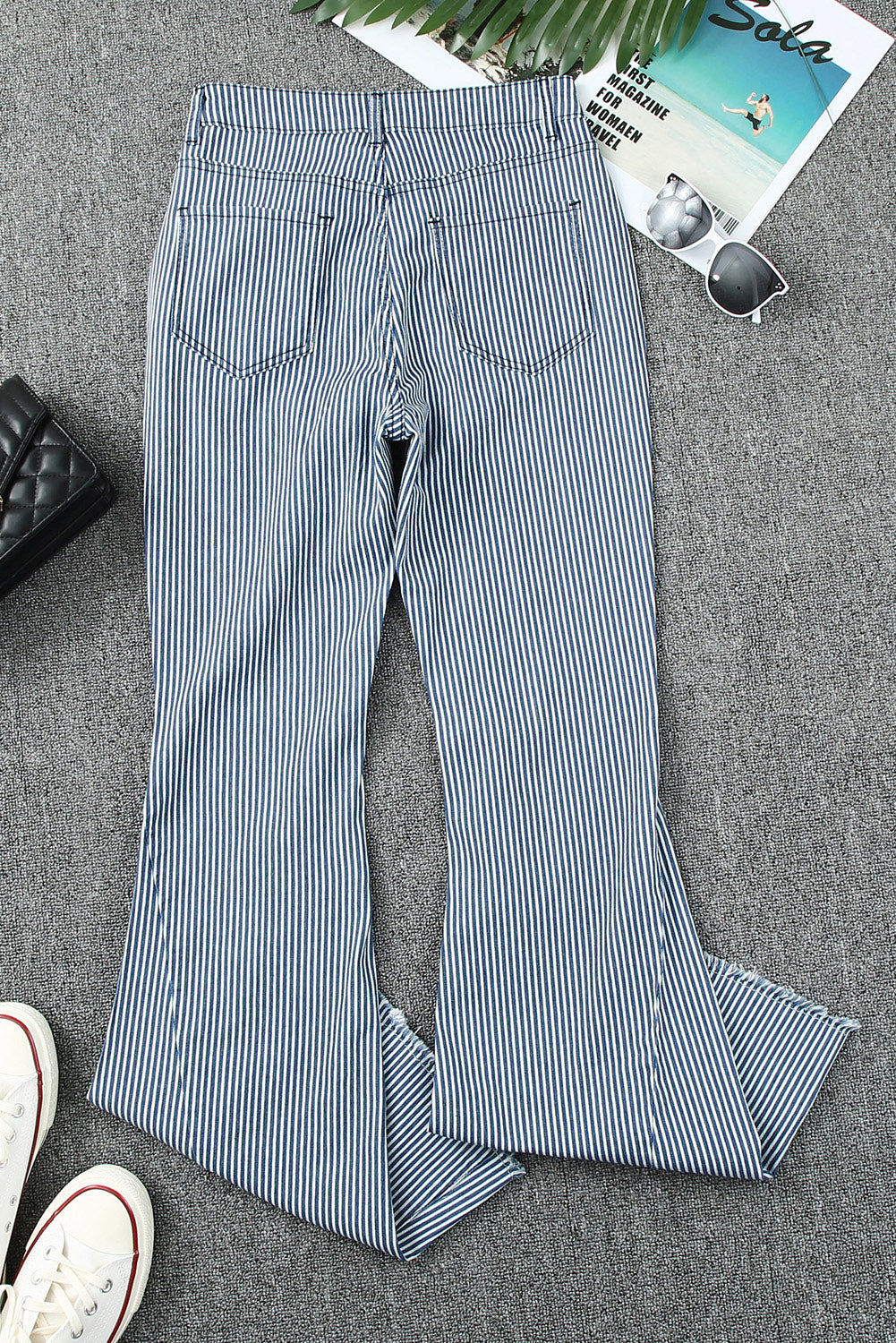 Light Blue Stripe Casual Mid Waist Bell Pants