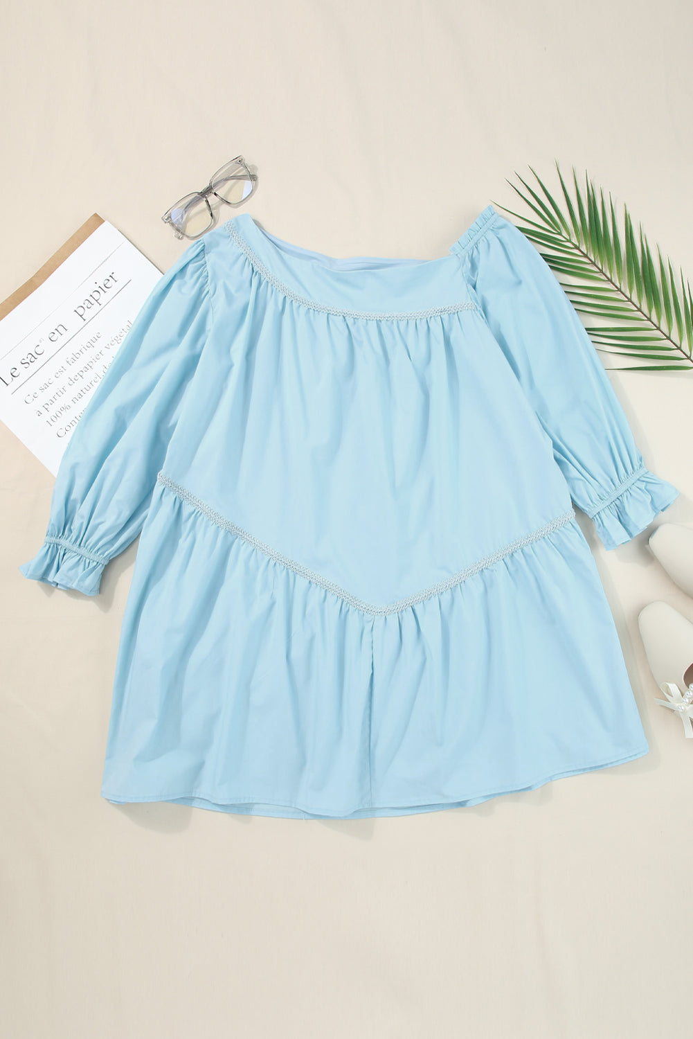 Sky Blue Puff Sleeve Asymmetric Pleated Flowy Mini Dress