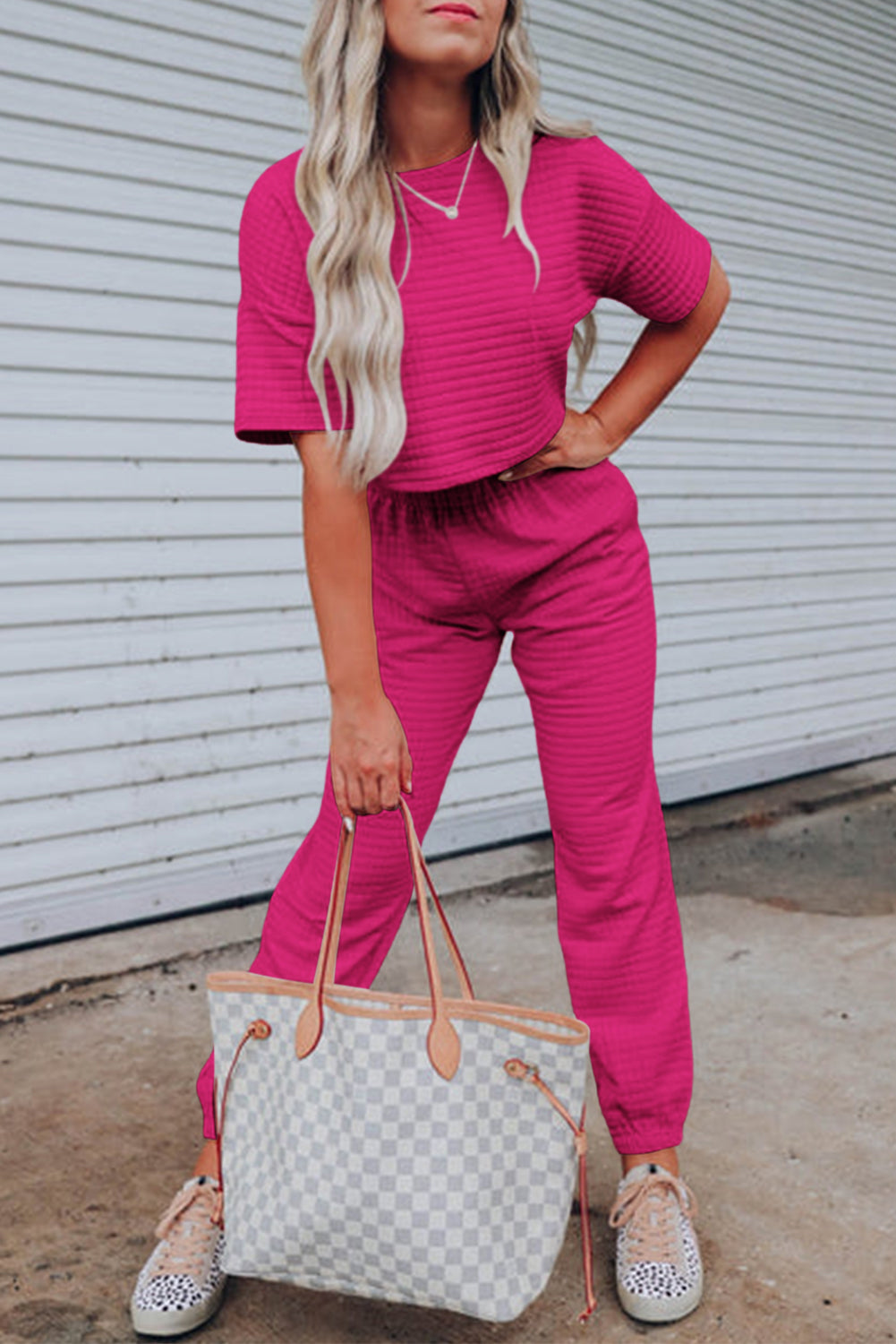 Black Textured Cropped Tee and Jogger Pants Set