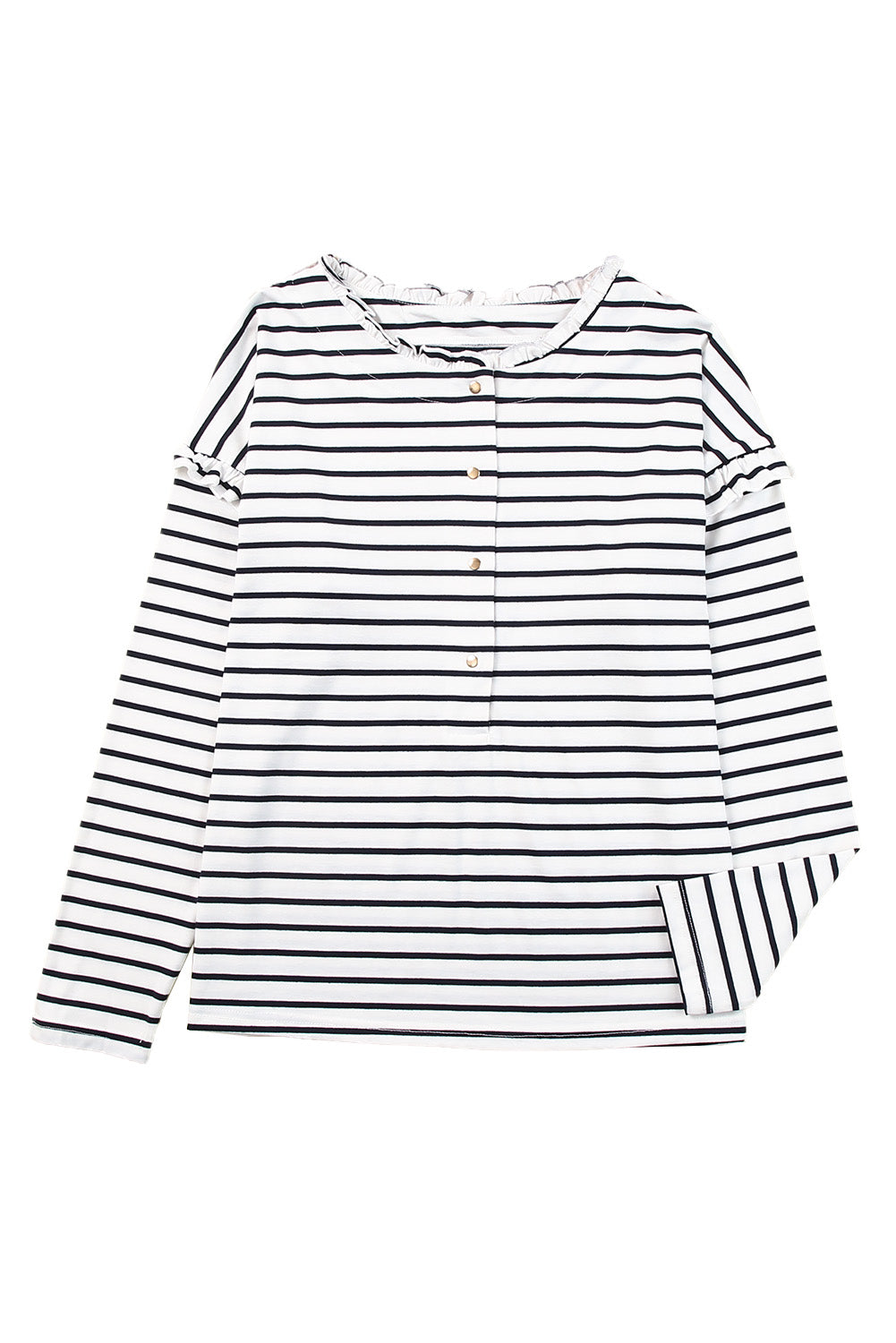 Black Striped Snap Button Casual Long Sleeve Henley Shirt