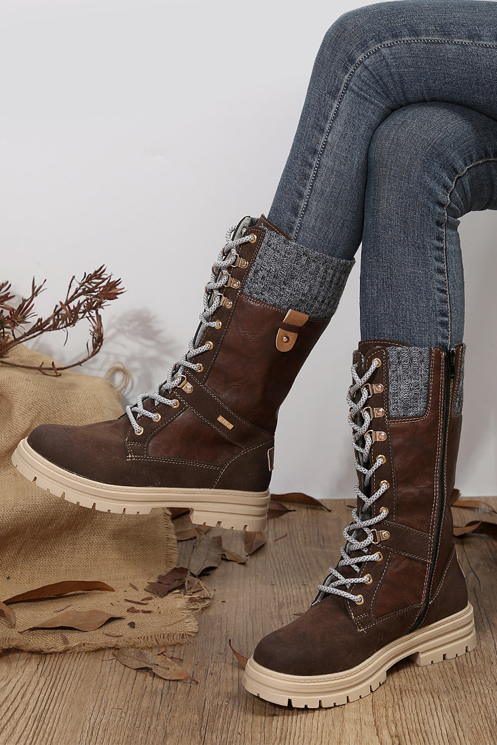 Coffee Wool Knit Patchwork Lace Up Leather Boots