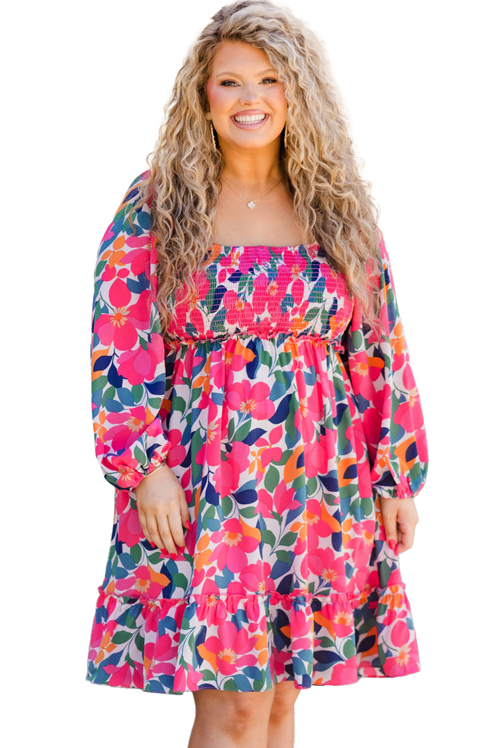 Rose Flower Print Smocked Square Neck Plus Size Dress