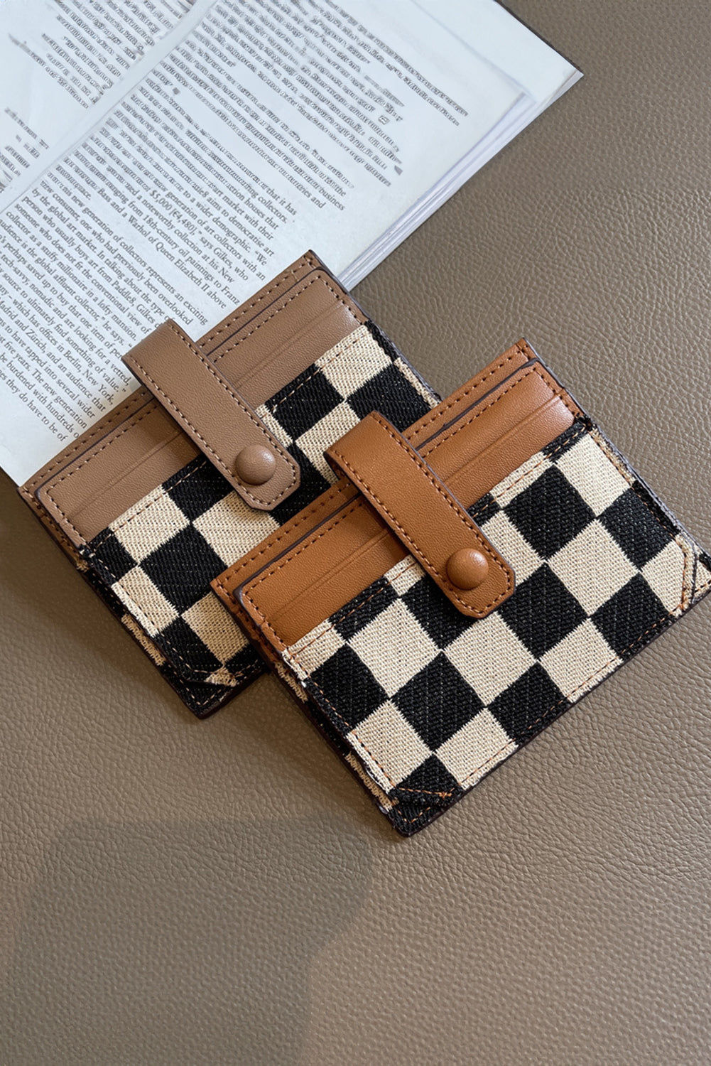 Coffee Leather Checkered Canvas Patchwork Card Wallet