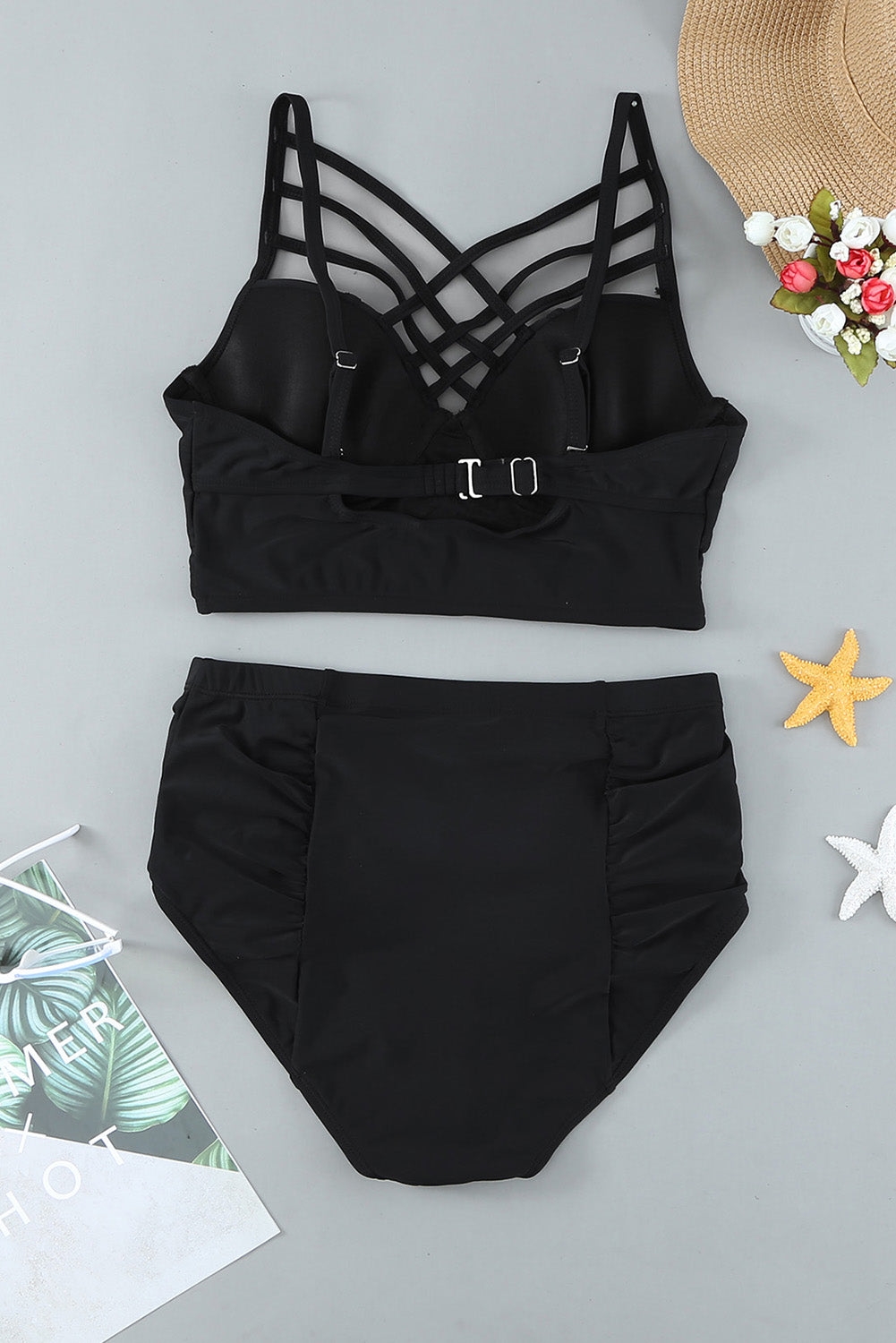 Black Strappy Neck Detail High Waist Swimsuit