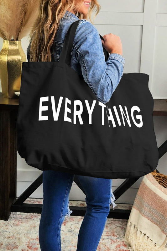 Black 73*17*44cm EVERYTHING Letter Print Large Canvas Tote Bag