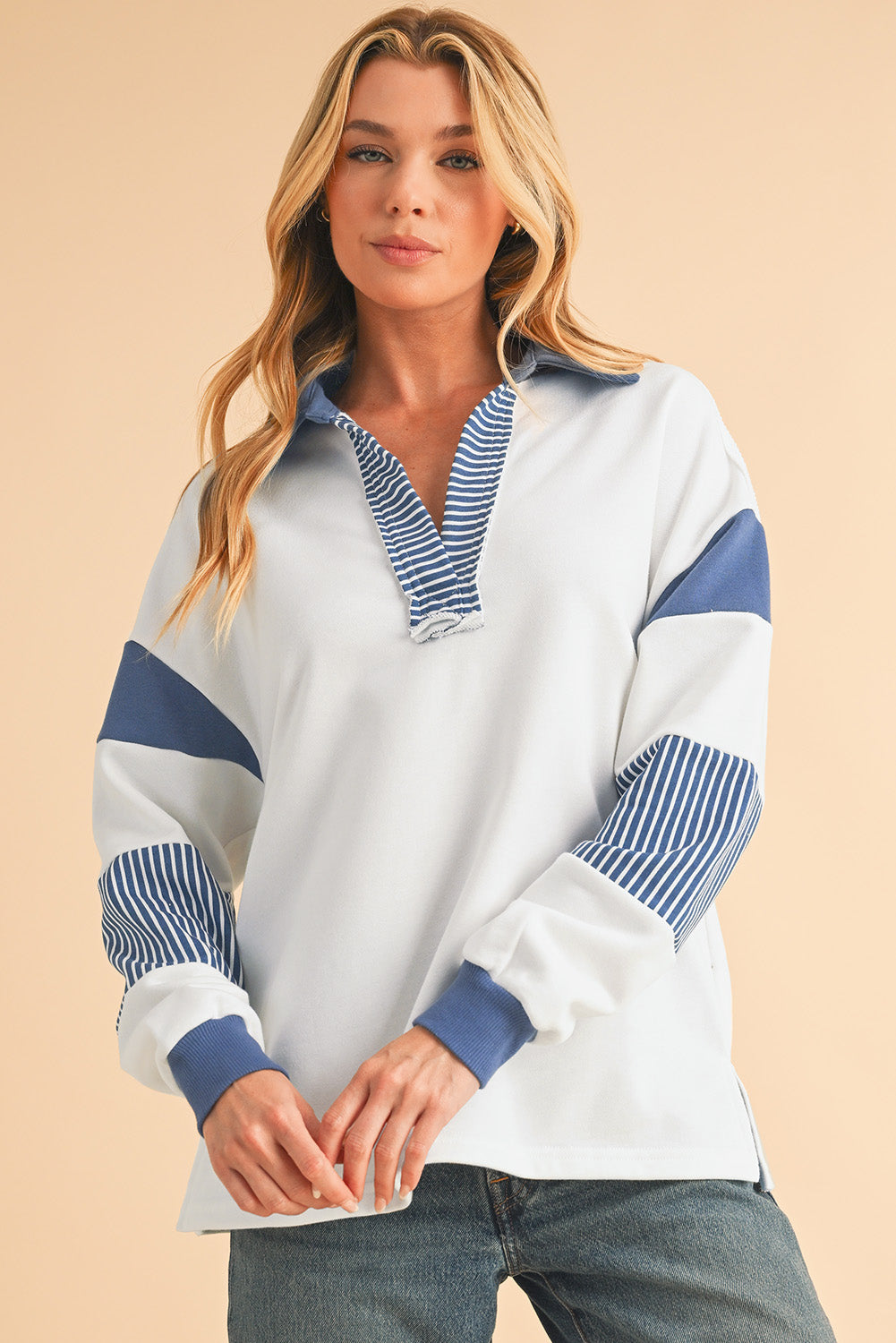 Dark Blue Striped Patchwork Collar Sweatshirt