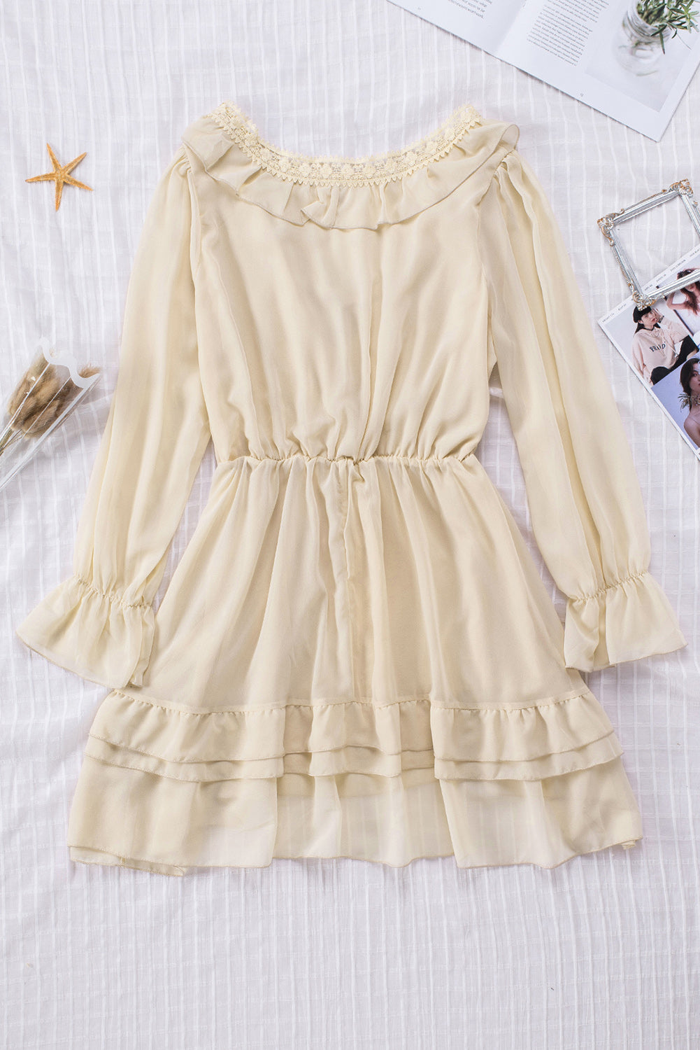 Beige Lacy V Neck Ruffled Mini Dress