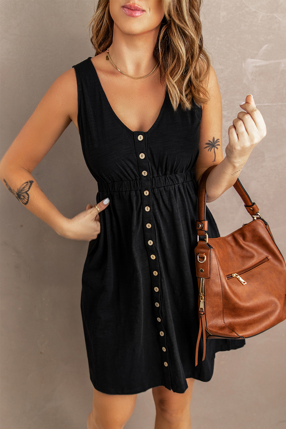 Green Sleeveless Button Front Short Basics Dress