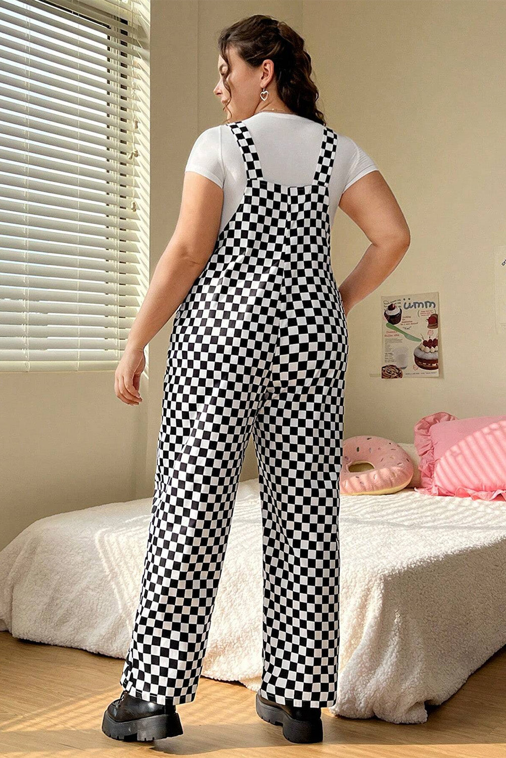 Black Checkered Print Pocketed Wide Leg Overall