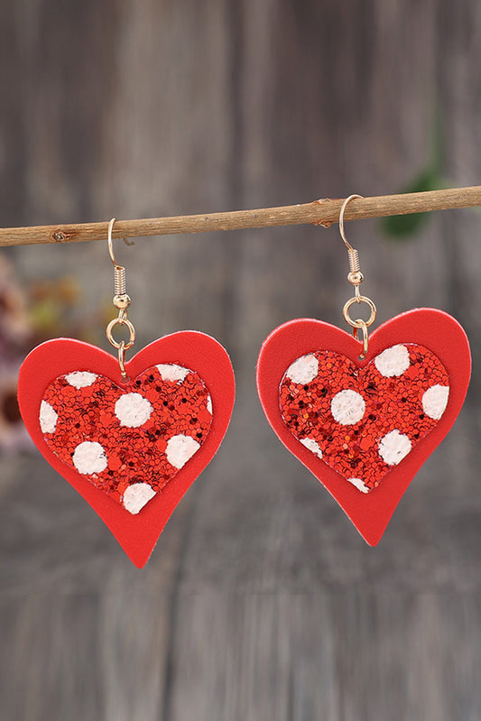 Fiery Red Leather Sequined Heart Pendant Valentines Day Earrings