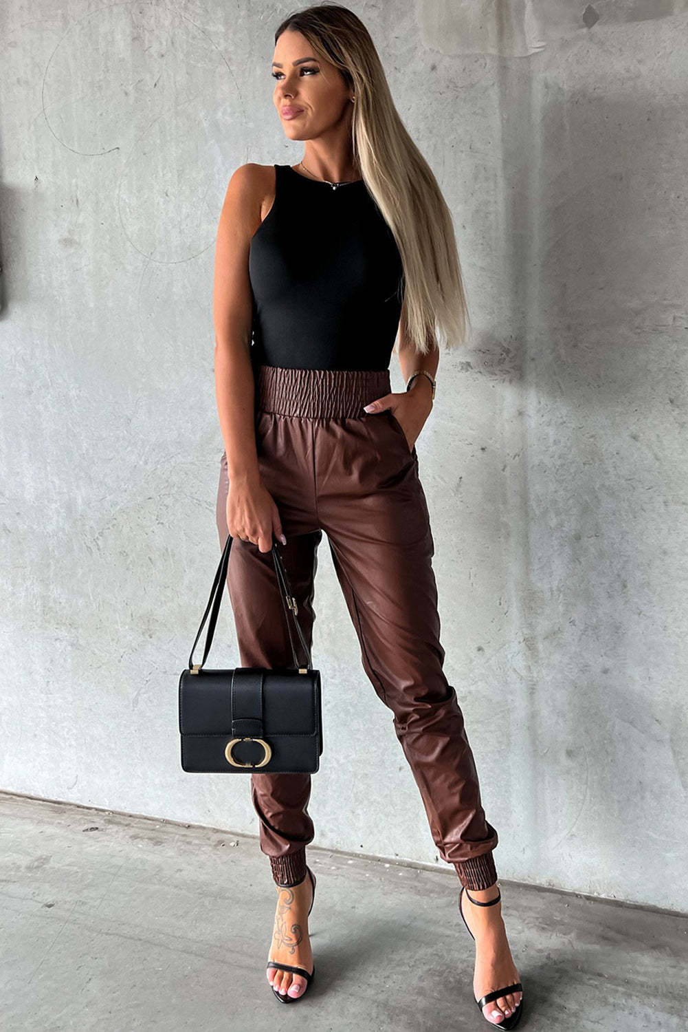 Black Smocked High Waist Leather Skinny Pants